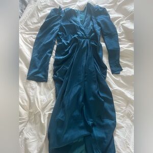 80’s Retro Draped Front Teal Dress with Puff Sleeves